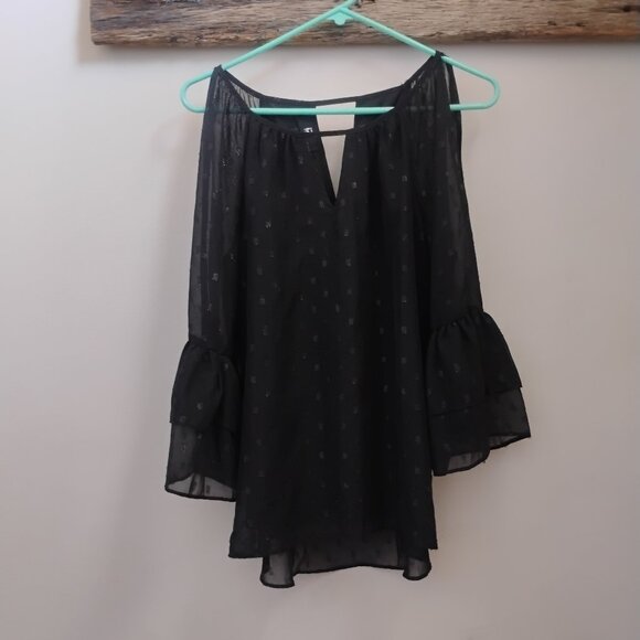 Byer M Black Sheer Chiffon Blouse Metallic Dot Pattern Open Shoulder Tiered Bell - Picture 1 of 10